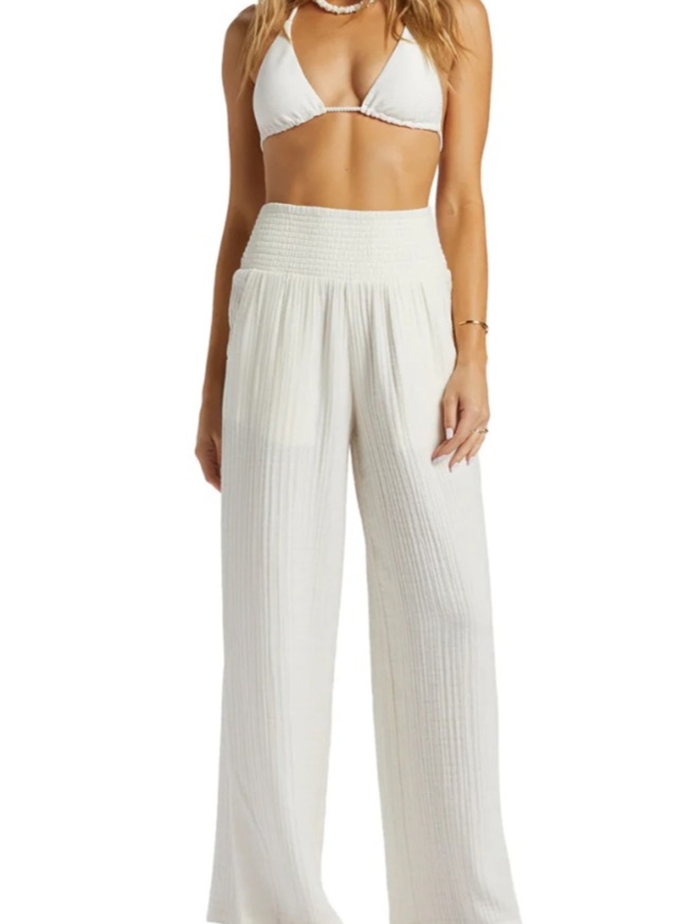 Billabong New Waves Wide Leg Smocked Waist White Gauze Beach Pants Size Small